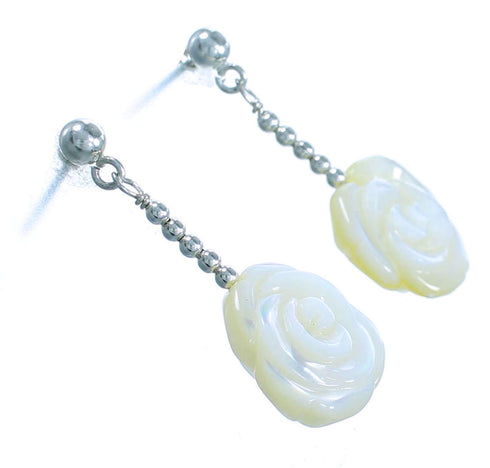 Mother Of Pearl And Sterling Silver Flower Bead Post Dangle Earrings RX114466